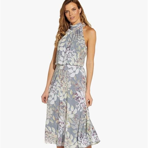 Adrianna Papell Women's Dress Mock Neck Prted Water Color MIDI Light Blue 2 NWT - Picture 5 of 8